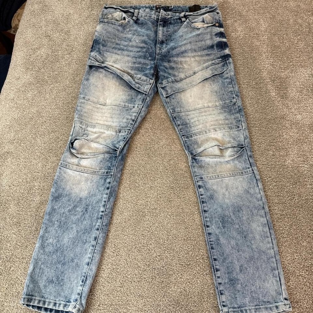 Southpole Men's 34x30 Skinny Jeans Blue Acid Wash Double Knee Stretch Denim